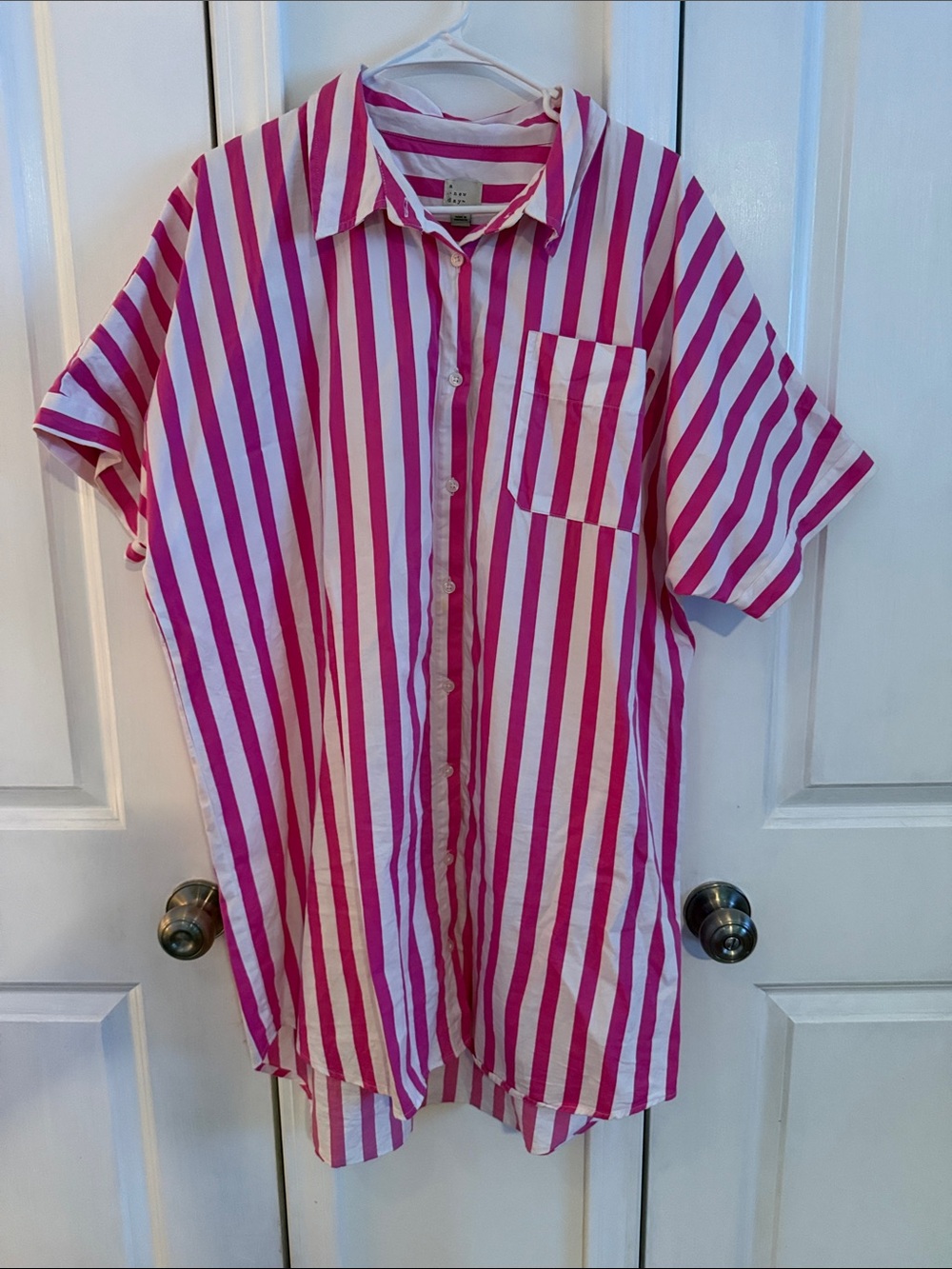 a new day Pink & White Vertical Stripe Short-Sleeve Button-Down Shirt Dress